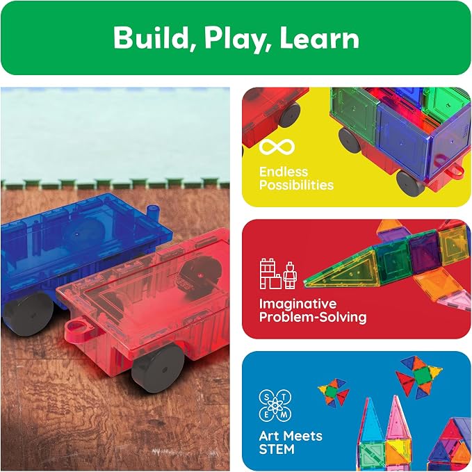 PicassoTiles 2 Piece Car Truck Construction Kit Toy Set Vehicle for Magnetic Blocks Building Tile Sensory Magnet Toys with Re-Enforced Hitch & Long Bed Educational Puzzle Girls Boys Toddlers Ages 3+