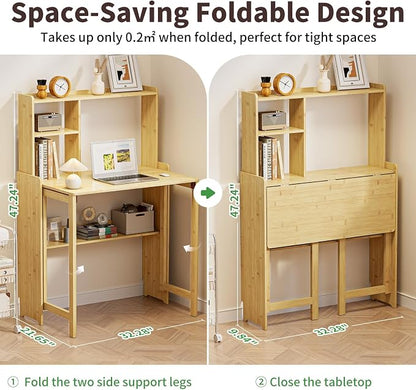 Folding Desk for Small Spaces, Bamboo Foldable Desk with Bookshelf, Natural | Small Computer Desk with Storage, Mid Century, Fold Out，Compact Size, for Bedroom, Living Room, Apartment, Home Office