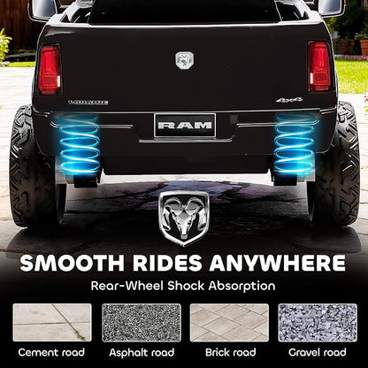 Qaba 12V Kids Ride on Car, Licensed Dodge RAM 3500 Electric Car for Kids with Dual Motors, Parent Remote Control, Rear Suspension, Power Display, Bluetooth Music and LED Lights, Black