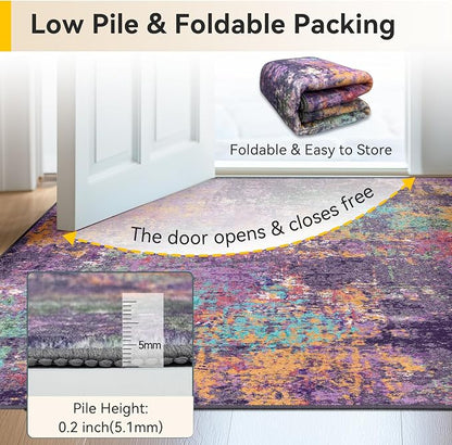 RELEANY Washable Area Rugs 5'x7' Non-Slip Modern Abstract Soft for Living Room Entryway Bedroom Kitchen, Print Pattern, Purple Orange Blue Green Rust Red Colorful