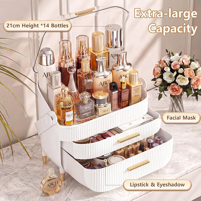 NestOrganix Makeup Organizer Skincare Organizers With Drawers | Cosmetic Display Cases with Transparent Cover, Skincare Organizers for Bathroom Countertop, Bedroom Vanity Desk, White