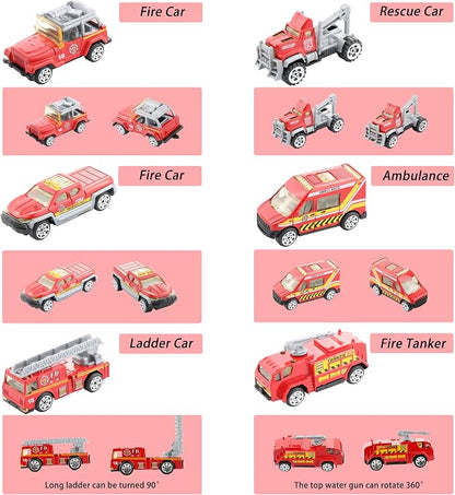 BenRich 6Pcs Mini Die Cast Car 1/64 Scale Alloy Fire Truck Vehicle Metal Model Toy Set, Ladder, Water Tower Truck, Ambulance, Transport, Patrol Car, Model Toys for Kid Boys Girls Birthday Xmas Present
