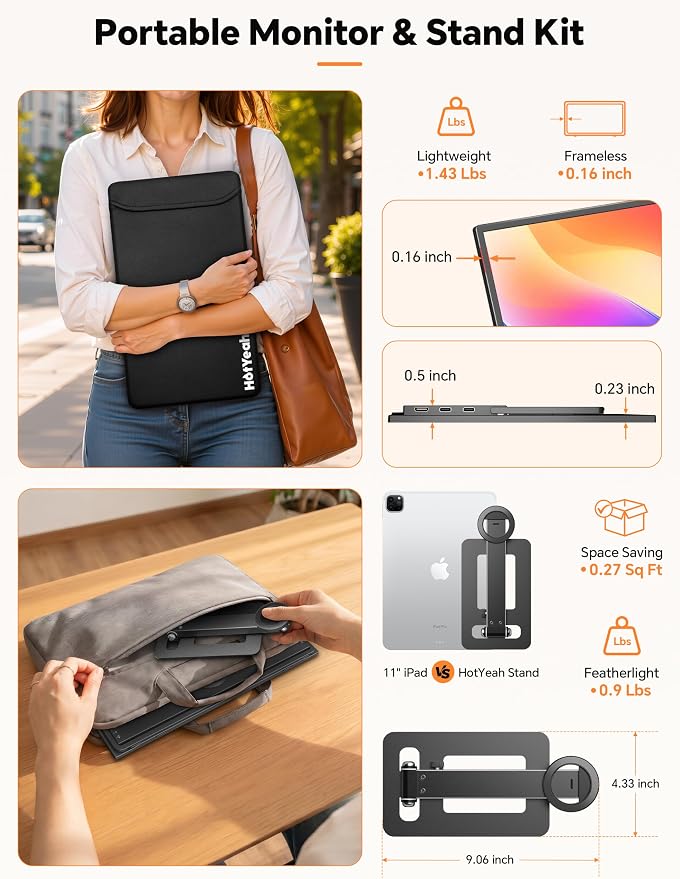 HotYeah Travel Portable Monitor with Stand, w/Magnetic Stand & Speaker | 15.6" 1080P 125% sRGB USB-C HDMI HDR External Display, 2nd Screen for Laptop MacBook Computer Phone Tablet Switch PS5 Xbox