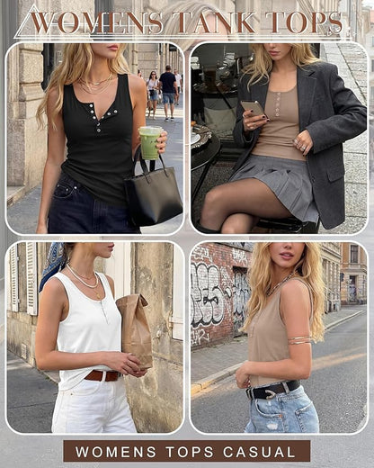 Ficerd 3 Pack Women's Henley Tank Tops Sleeveless Button Down Summer Shirts 2026 Casual Trendy Loose U Neck Tee Blouses