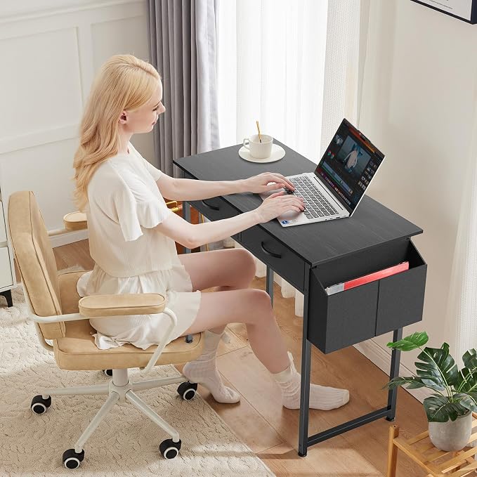 DUMOS 32" Home Office Computer Desk with Drawers, Small Gaming Writing Study Table with Storage Side Bag, Headphone Hook and Adjustable Feet for Bedroom Black | Home Office Desk for Bedroom, Gaming Writing Study Desk with Adjustable Feet