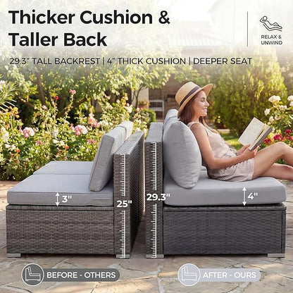 NICESOUL 9 Piece Patio Set with Firepits Natural Gas/Propane, 29.3'' High Back Comfortable L Shape Outdoor Conversations, XL Large Size Deep Seated Wicker Sectional Sofa Furniture Set, Gray