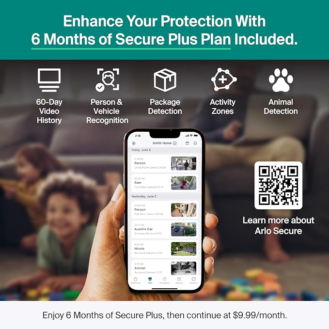 Arlo Essential Security Camera 2K (3rd Gen, 2025 Release) 2 Cam + 2 Solar Panels + 6 Months of Secure Plus Plan - Wireless Outdoor Camera, Battery Power, Person Recognition, Package Detection, White