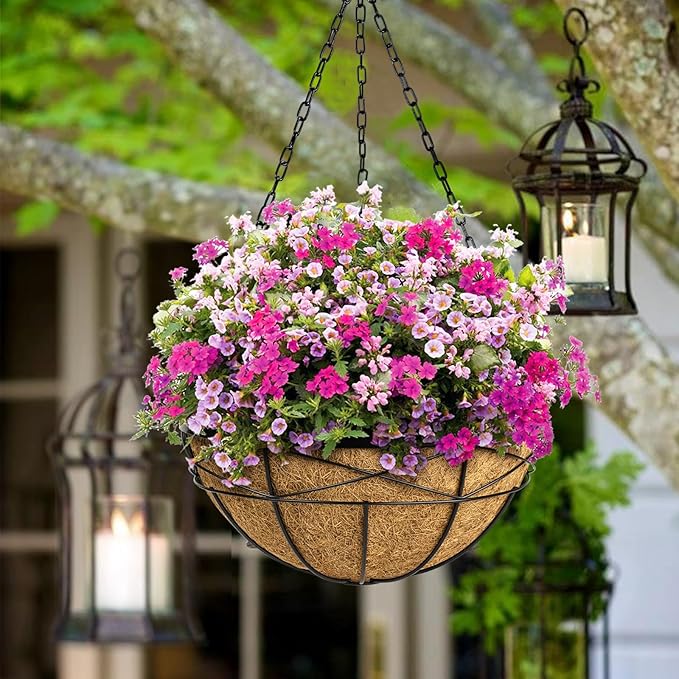 2 Pack 18 Inch Extra Large Deep Hanging Baskets for Plants Outdoor Metal Hanging Planters Flower Pots with Coco Liners Black Hanging Plant Holder for Porch Balcony Garden Planting
