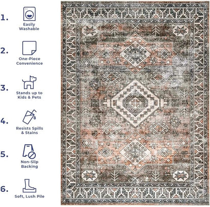 nuLOOM 2x3 Machine Washable Rain Haven Vintage Medallion Area Rug, Rust, Traditional Faded Design, Non-Slip Backing, Stain Resistant, For Bedroom, Dining Room, Living Room, Kitchen
