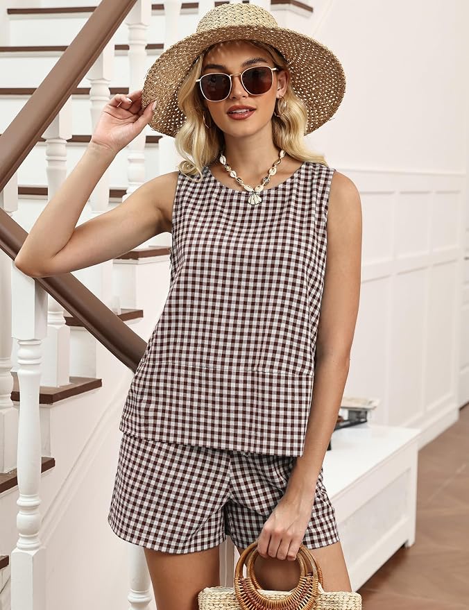 LOMON Women's Trendy 2 Piece Outfits Shorts Sets Summer Crew Neck Sleeveless Tank Top and Bottom Matching with Pockets 2026