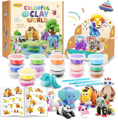 Drama Planet Air Dry Clay Kit for Kids - Comes with Instructional Guide Featuring 4 Scenes & 26 Projects Tutorials, 18 Cans of Modeling Clay, Includes Display Stand, Gift for Girls and Boys