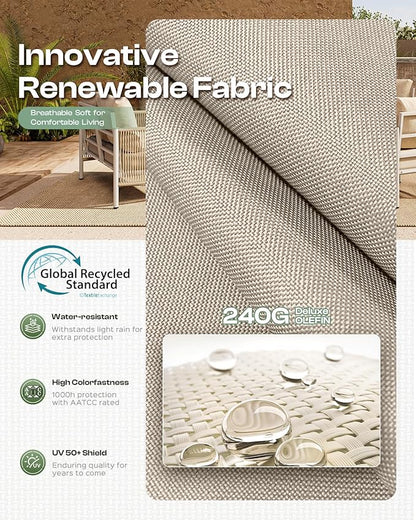 Aluminum Outdoor Patio Couch, 3 Seats HDPE Rope Patio Sofa with Washable Thick Cushion, All-Weather Patio Furniture for Balcony, Yard, White Frame, Ivory