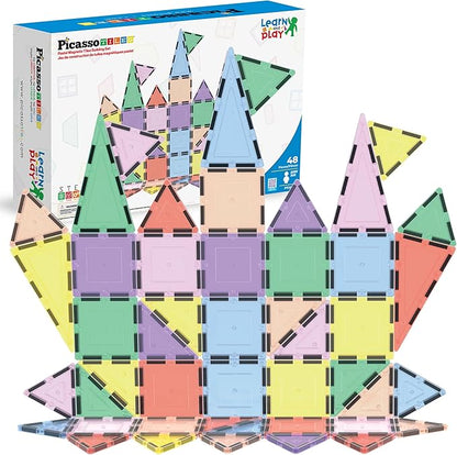 PicassoTiles 48PC Magnetic Tiles Pastel Building Construction Stacking Toy STEM Montessori Educational Magnet Tile Sensory Learning Playset For Toddlers Preschool Elementary Boys Girls Ages 3+ PTJ48JN