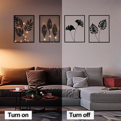 QXSXKJ Black Metal Wall Decor Framed, 3d Modern Metal Wall Art with Light, Minimalist Abstract Black Line Art DéCor, 4 Piece Home Art for Living Room Bedroom Bathroom