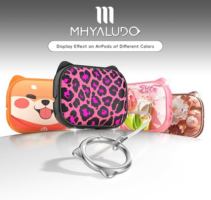 for AirPods Pro 2 Case with Cleaning Kit, Cute Cat Ear Print Design & Cute Buckle for Girls, Phone Holder & Top Safe Lock Buckle Design for AirPods Pro 2nd/1st Gen case, Rose Leopard