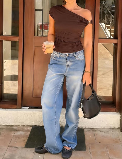 ZESICA Women's 2026 Summer Off Shoulder Tops Going Out Sexy Y2k Shirts Spring Cap Sleeve Ruched Asymmetrical Blouses