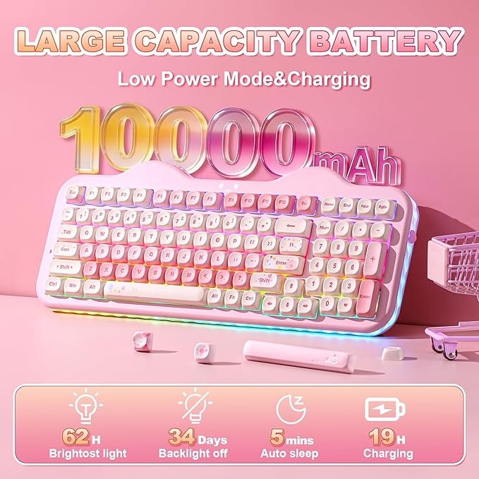 YUNZII C98 Cute Cake Wireless Mechanical Keyboard(Pink, Candy Switch) | 99 Keys with Number Pad, Hot Swap, PBT MOA Keycaps, BT5.0/2.4G/USB-C, Gasket Mount, Custom RGB Backlit for Win/Mac
