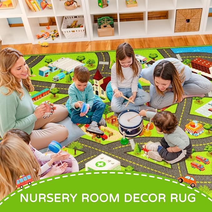Kids Rugs Traffic Road Carpet for Car City Map Play Rug 3.3'×5' for Playroom Educational Mat Area Rug, Kid Playtime Collection Toddler Car Track Rug Cute Cartoon (City Road A, 39.4×59 in)