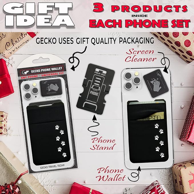 Gecko Travel Tech Double Pocket - Adhesive Card Holder - Cell Phone Pouch - Stick on Spandex Pocket - Carry Credit Cards and Cash (Black - CAT PAW)