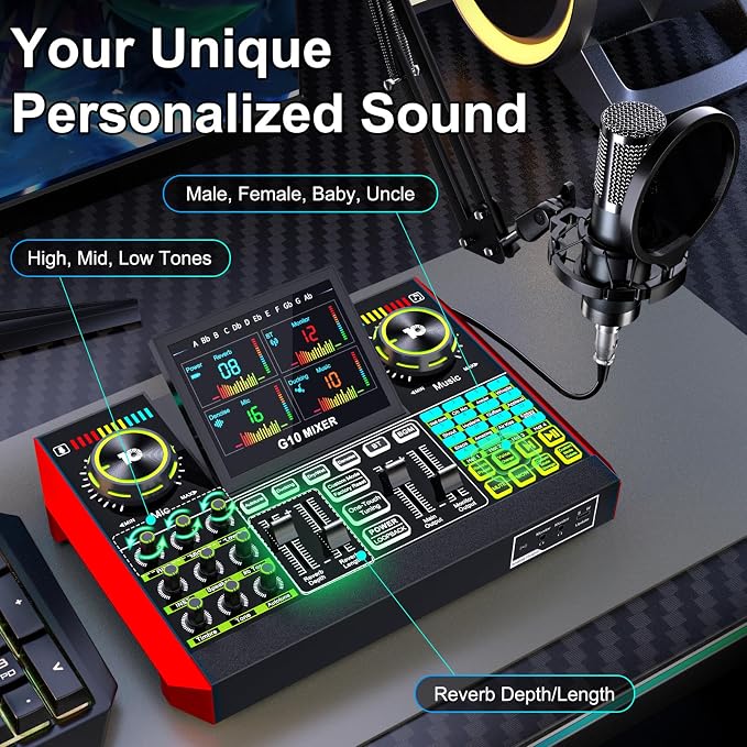 Podcast Microphone Bundle with Live Sound Board Audio Mixer, Podcast Equipment Bundle with 3.5mm Boom Mic(P15) for Pc/Phone Live Streaming Singing Gaming, Voice Changer, Denoise