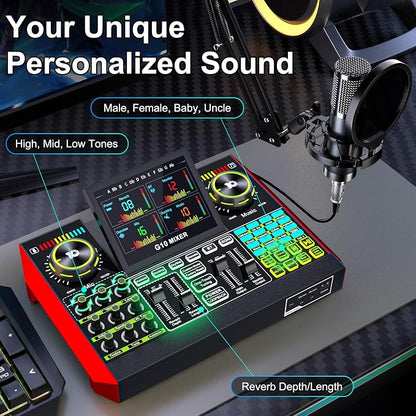 Podcast Microphone Bundle with Live Sound Board Audio Mixer, Podcast Equipment Bundle with 3.5mm Boom Mic(P15) for Pc/Phone Live Streaming Singing Gaming, Voice Changer, Denoise