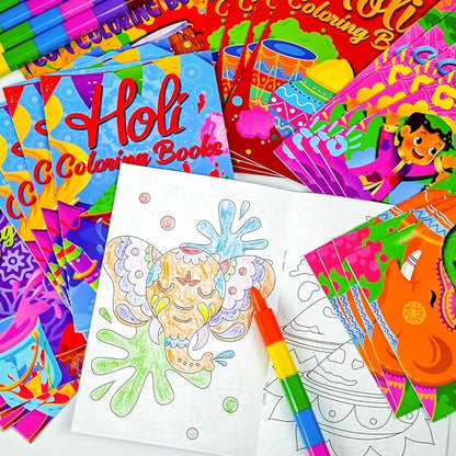 Cinrobiye 24 Set Holi Coloring Books Bulk DIY Mini Happy Holi Art Drawing Set with Stackable Crayons for Festival Party Gifts Goodie Bag Fillers Classroom Activity Rewards