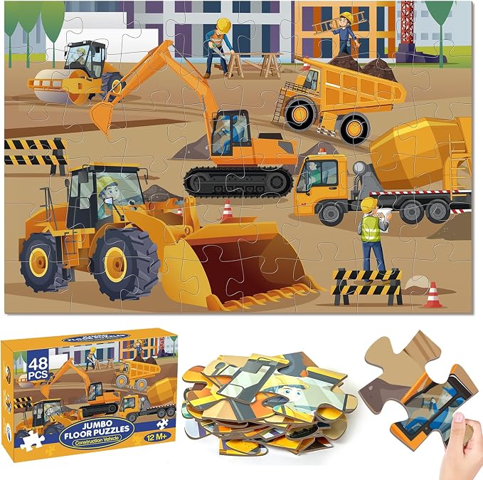 Jumbo Floor Puzzle for Kids Ages 4-6, 48 Piece Large Engineering Vehicles Jigsaw Puzzle, Extra-Thick Cardboard Preschool Learning Toys for Toddlers 3-5, Educational Gift for Boys Girls 3 4 5 6 7 8