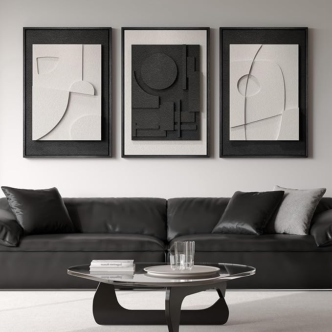 Large 3D Textured Framed Black and White Abstract Wall Art, 3 Piece Modern Wall Paintings Artwork for Walls, Minimalist Black White Geometric Pictures for Living Room, Hallway, Dining Room Wall Decor