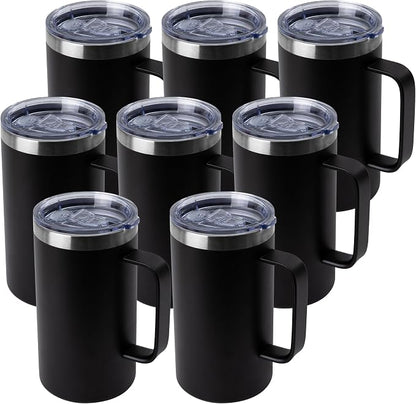 DOMICARE 24oz Mug with Handle and Lid, Stainless Steel Coffee Mug, Travel Mug with Handle, Double Wall Vacuum Coffee Tumbler, Reusable Insulated Cup, Black, Pack 8