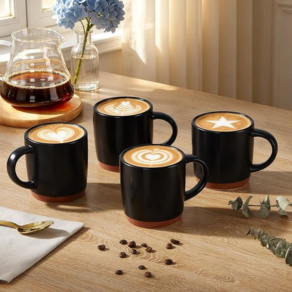 E-far Ceramic Coffee Mug Set of 4, 12oz Stoneware Coffee Cup with Handle, Porcelain Tea Cups, Modern Farmhouse Latte Mug Gift Set for Women & Men, Microwave Safe, Matte Black