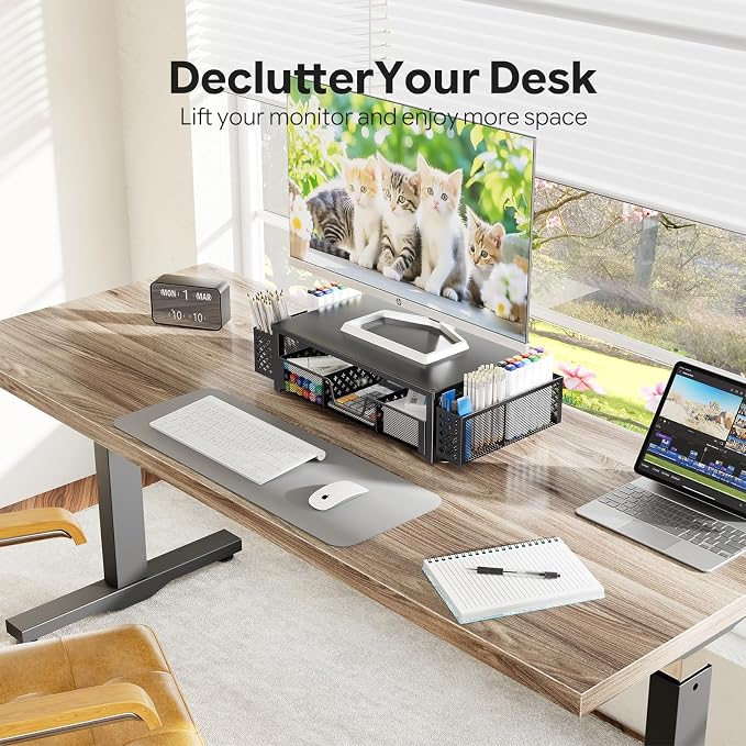 Simple Trending Metal Monitor Stand Riser, Drawer & 2 Pen Holders, Black | 2-in-1 Desk Organizer & Monitor Stand | Sturdy Metal | Ergonomic Support | Space Saving | Easy Setup