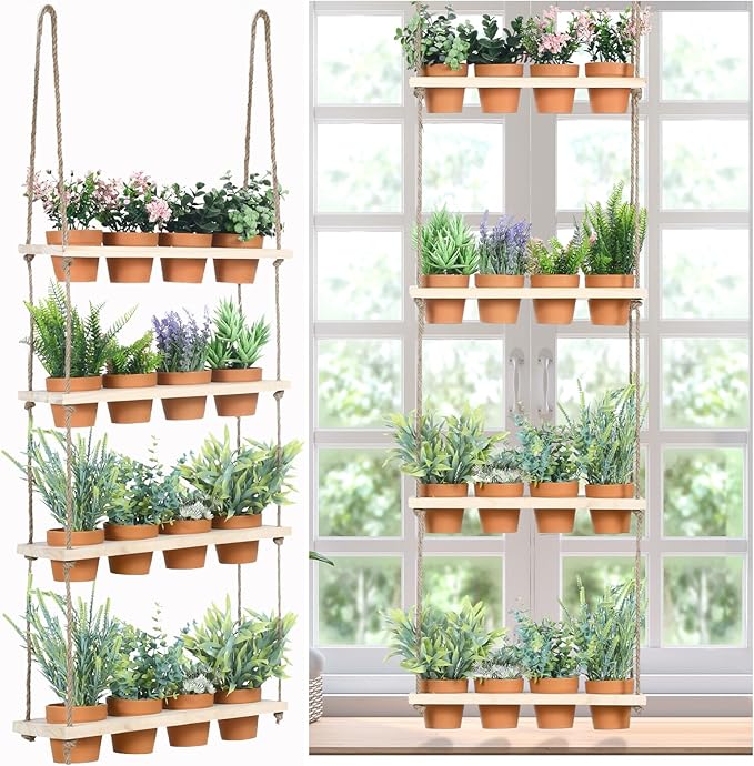 4 Tiered Window Plant Shelves Hanging Herb Planter Indoor Display with 16 Pcs Flower Pots Wood Window Plant Hanger for Grow Herbs Succulents Microgreens Seedling Organization
