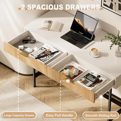 INNOD 45 Inch White Desk with Drawers, Small Writing Desks for Bedroom, Fluted Cute Desk with Storage for Vanity, Wood Computer Table for Living Room Small Spaces Home Office Study