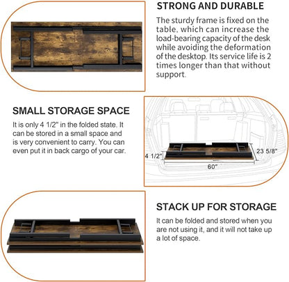 Need Office Computer Desk 60 Inch Sturdy Folding Laptop Table Retro | Black Frame Writing Gaming Work Table/Foldable Home Office Desk/Sewing Table, No Assembly Required