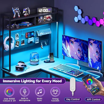Apicizon L Shaped Gaming Desk 53" with Hutch, LED Light and Drawer | Carbon Fiber Surface, Storage Shelves, Pegboard with Hooks, PC Tower Stand, USB Charging Port, Home Office, Bedroom