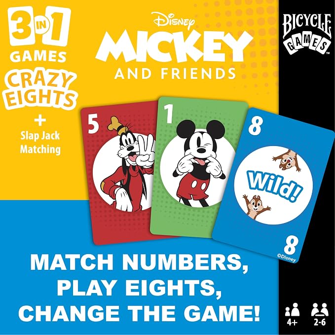 Bicycle Disney Mickey and Friends 3-in-1 Card Games, Matching, Crazy Eights & Slap Jack, Featuring Mickey Mouse, Donald Duck & Goofy, Kids Card Games Ages 4+, Family Games for 2-6 Players