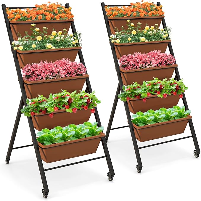 Giantex 2 Pcs Vertical Planter Raised Bed on Wheels, Elevated Garden Beds with Water Drainage Hole, Freestanding 5 Container Boxes for Herb Vegetables Flowers Growing, Outdoor Indoor Patio Balcony