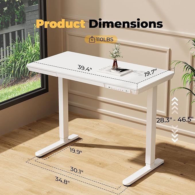 40" Electric Stand up Desk with Drawer, Height Adjustable | Sit Stand Home Office Desk with Storage, One-Piece Tabletop with USB Charging Ports, Quick Assembly Computer Desk on Wheels