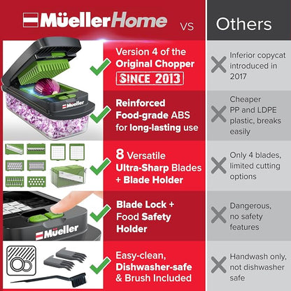 MUELLER HOME Pro-Series 10-in-1 Vegetable Chopper with Container, 8 Blade | Fruit Cutter, Dicer, Tomato Slicer, French Fry Cutter Potato Slicer, Salad Chopper, Gray/Green