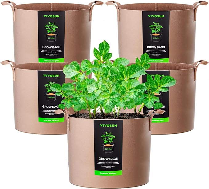 VIVOSUN 5-Pack 25 Gallons Grow Bags Heavy Duty Thickened Nonwoven Fabric Pots with Strap Handles Tan