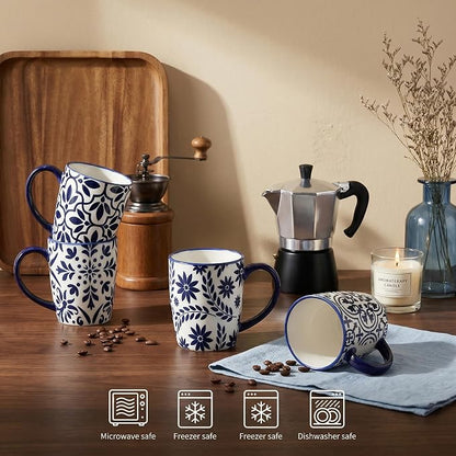 glowworm Coffee Mugs, 16 Ounce Ceramic Coffee Cups Set of 4, Blue & White | Large Latte Cups with Handle for Tea, Mocha, Milk, Perfect for Family Kitchen & Holiday Gifts, Dishwasher & Microwave Safe