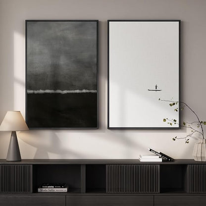 Large Framed Black and White Abstract Wall Art for Living Room, Set of 2 Modern Minimalist Canvas Prints Artwork for Walls, Seascape Pictures for Bedroom Dining Room Hallway Office Wall Decor 24x36 In