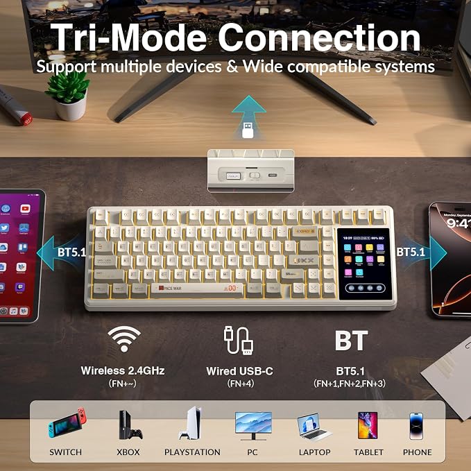Aula L99 Wireless Mechanical Gaming Creamy Keyboard with Smart Touch Screen | Tri-Mode Hot Swappable Custom Keyboard,RGB Backlit,PBT Keycap,Gasket Mount Creamy Sounding Keyboards for Office PC,84 Keys