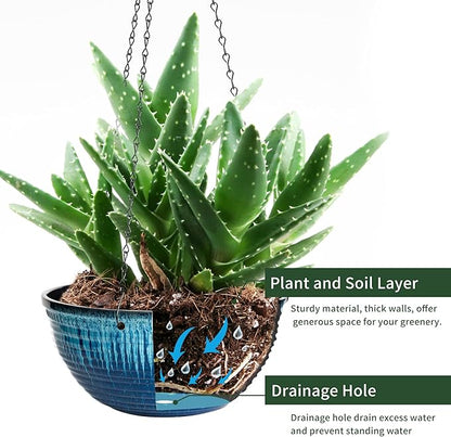12 inch Hanging Planters for Indoor Outdoor Plants, 2 Pack Large Hanging Flower Pots with Drainage Holes and Chain, Glazed Hanging Baskets for Home Garden Decoration (Blue Flow Glaze)