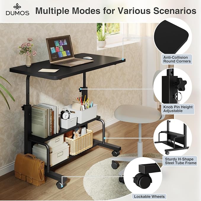 DUMOS Rolling Desk, Storage Shelves, Laptop Table, Home Office | Height Adjustable Design, Computer Desks on Wheels, Portable for Small Spaces Use, Black
