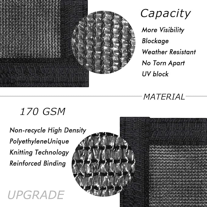 UPGRADE Privacy Fence Screen 6'x72' Black Outdoor 90% Visibility Blockage 170 GSM Mesh Shade Cover Panels for Backyard,Balcony,Home Decoration with Zip Ties,Customized Avaliable