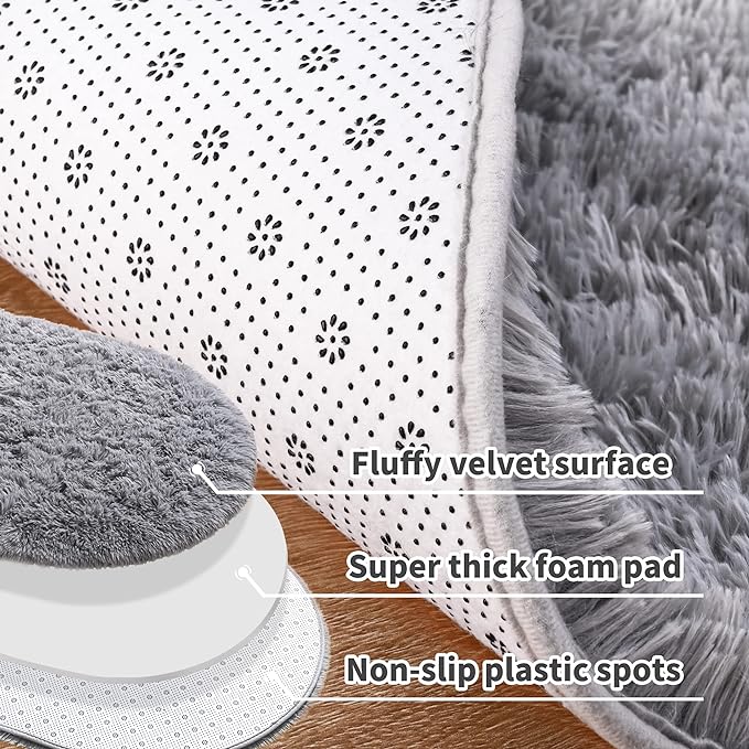 Noahas Ultra Soft Fluffy Bedroom Rugs,Shaggy Grey Area Rugs for Bedroom,Oval Throw Rugs, Kids Room Small Carpet,Living Room Runner Rug Non Slip Modern Home Decor 2.6' X 5.3'