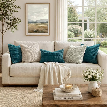 MIULEE Pack of 2 Corduroy Decorative Lumbar Throw Pillow Covers 20x12 Inch Soft Boho Striped Pillow Covers Modern Farmhouse Home Decor for Summer Coastal Sofa Living Room Couch Bed Teal