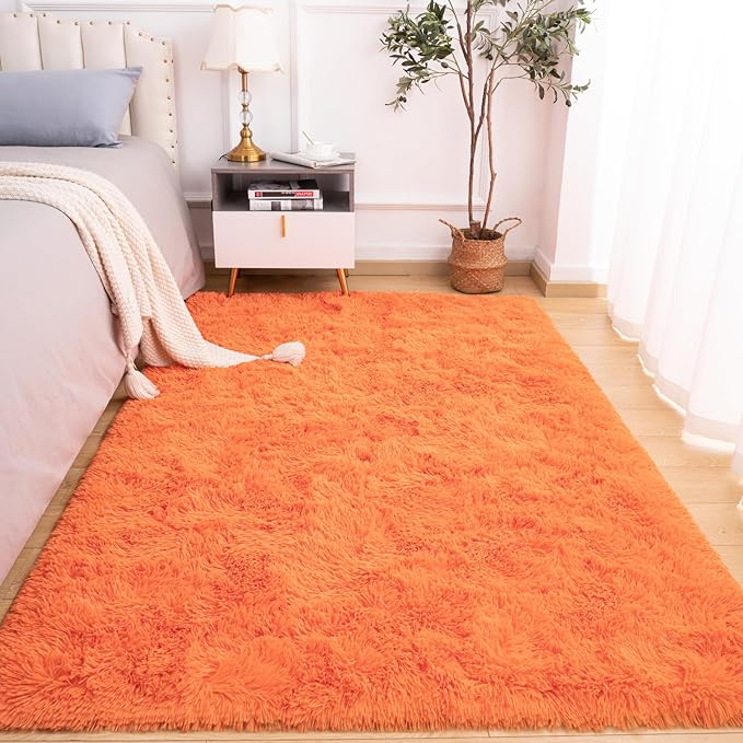 Softlife Area Rug for Living Room, 5x8 Feet Plush Fluffy Rug for Bedroom, Orange Furry Shag Rug for Aesthetic Christmas Room Decor, Ultra Soft Modern Fuzzy Faux Fur Carpet for Kids Nursery Room Dorm