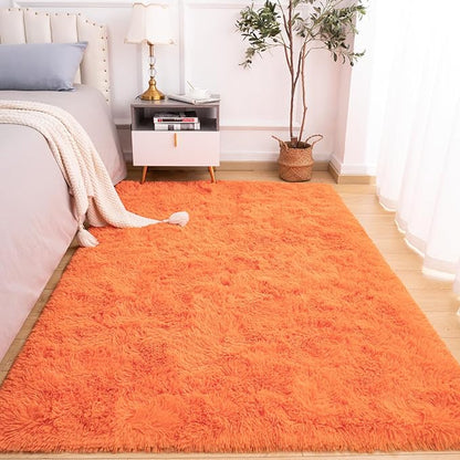Softlife Area Rug for Living Room, 5x8 Feet Plush Fluffy Rug for Bedroom, Orange Furry Shag Rug for Aesthetic Christmas Room Decor, Ultra Soft Modern Fuzzy Faux Fur Carpet for Kids Nursery Room Dorm